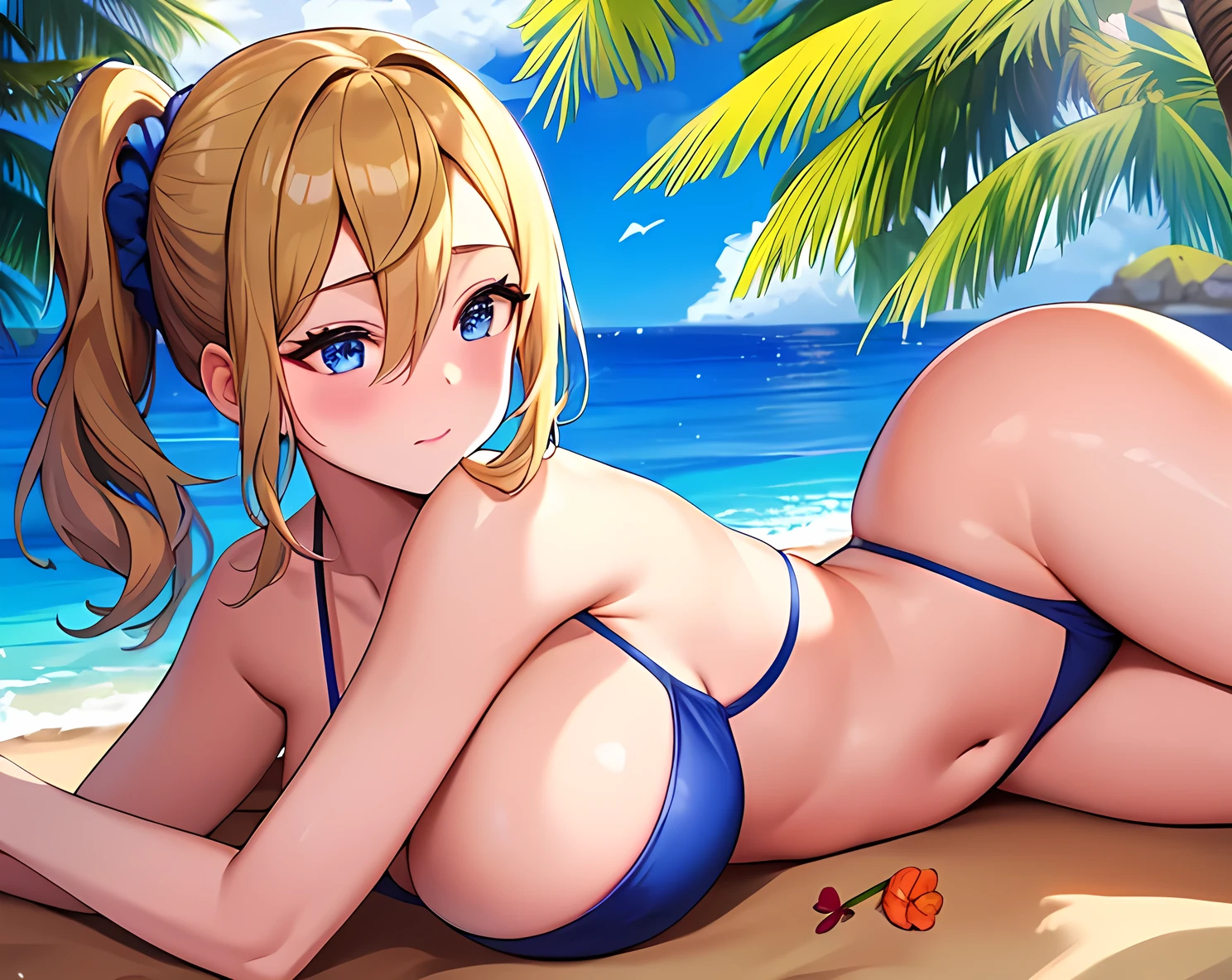 masterpiece, best quality, AiHayasakaV4, 1girl, solo, breasts, looking at viewer, blush, blue eyes, blonde hair, hair ornament, hair between eyes, nail polish, side ponytail, v, scrunchie, hair scrunchie, blue nails, bikini, black bikini, beach, sun, day, outdoors, wet, prone