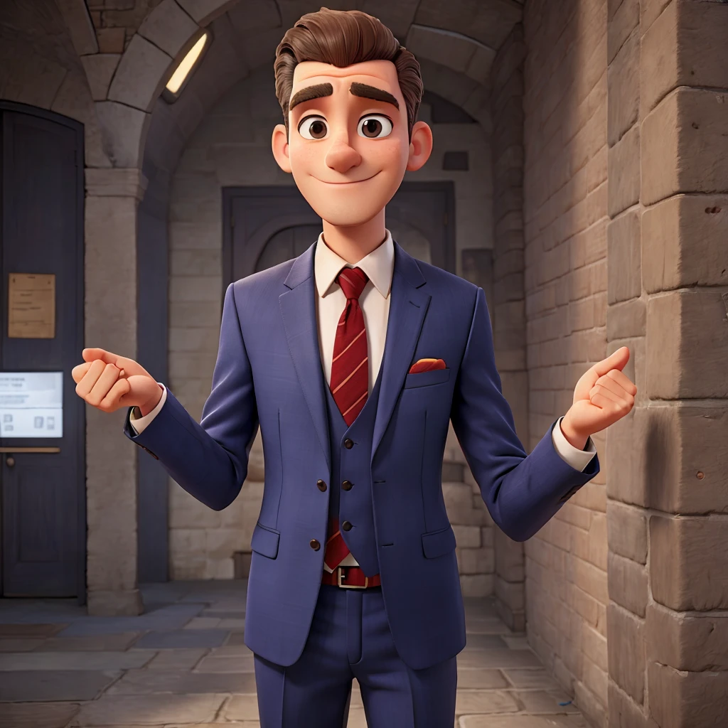 Man in suit pointing with right arm