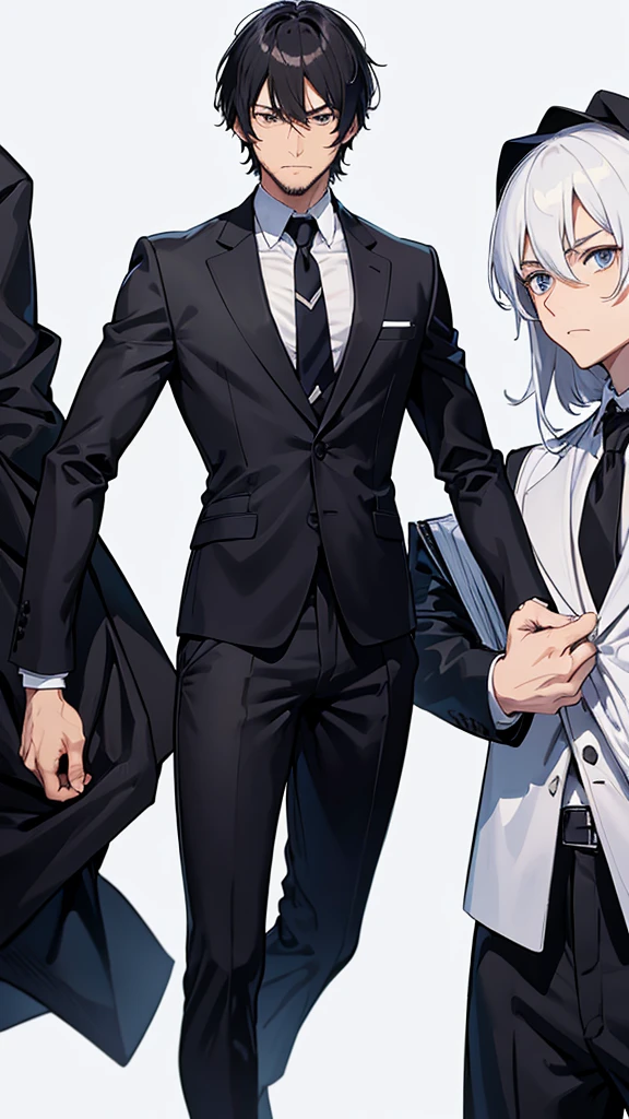 male、32 years old、less beard、Tired face、Glaring eyes、Long bangs、7:3 parting、Shot from the thigh up、Are standing、looking at the camera、Black suit、Plain white background、Single、Businessman、Japanese salaryman、Simple poses