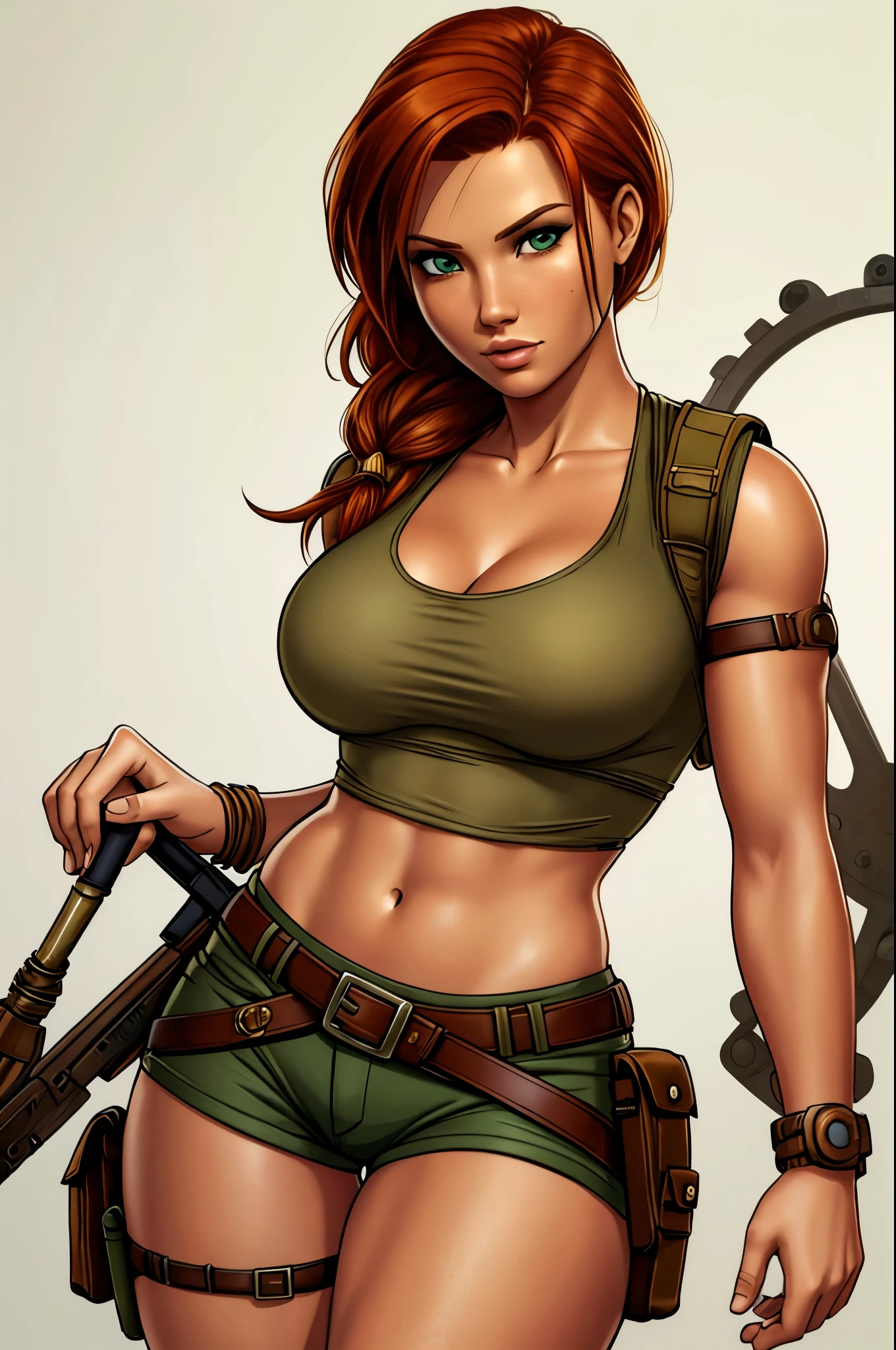 Jennifer Korbin, ginger hair, cosplaying lara croft, tan shorts, green top, steampunk, blank background, white background