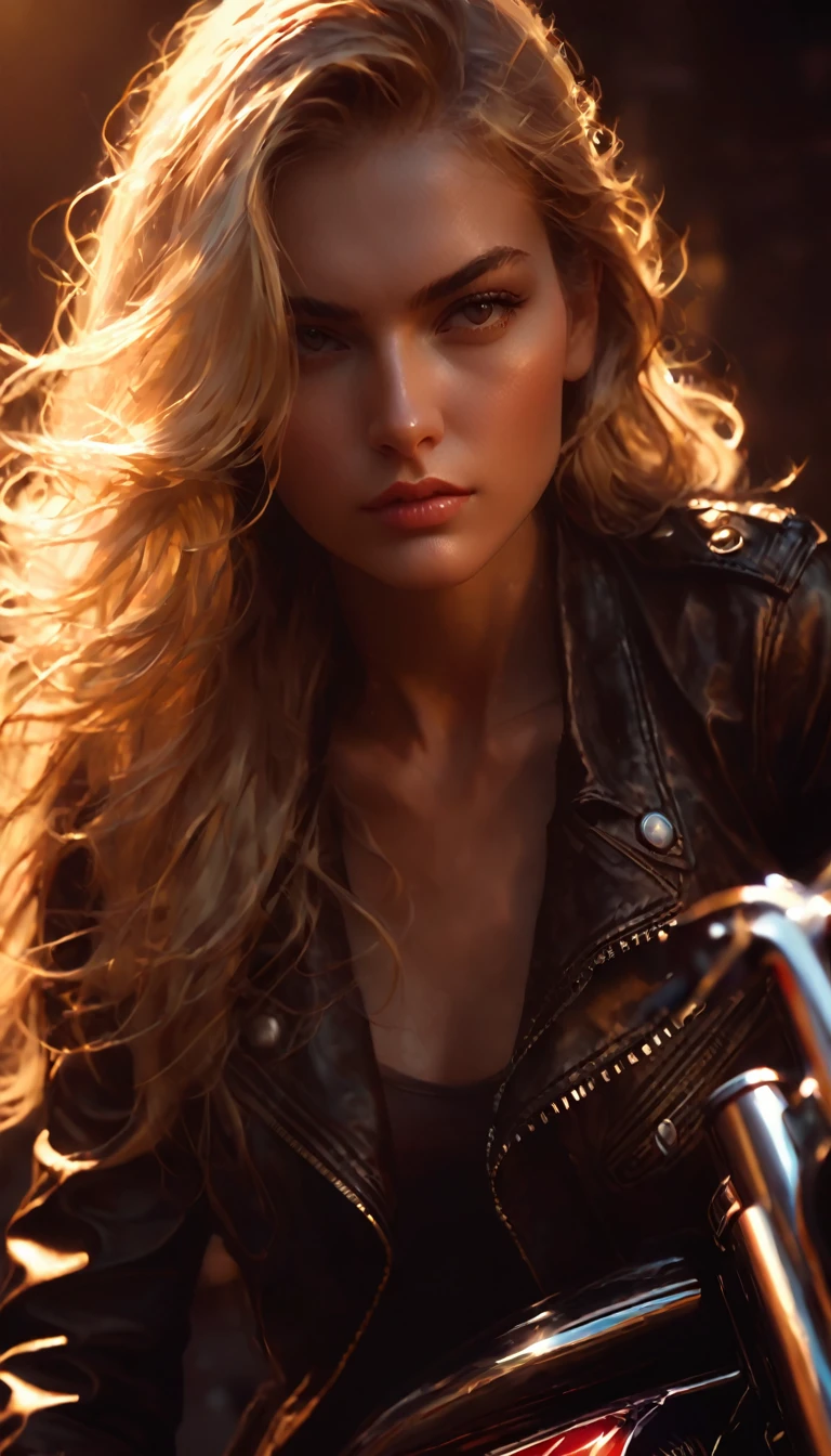 blonde girl with long hair, small breasts, biker, radical girl, sexy posing on a motorcycle, chiaroscuro, sensual, dramatic lighting, moody atmosphere, photorealistic, intricate details, masterpiece, ultra-detailed, high quality, 8k, best quality, realistic, cinematic, dark and brooding, expressionistic, powerful composition, emotional impact, Bill Sienkiewicz inspired art