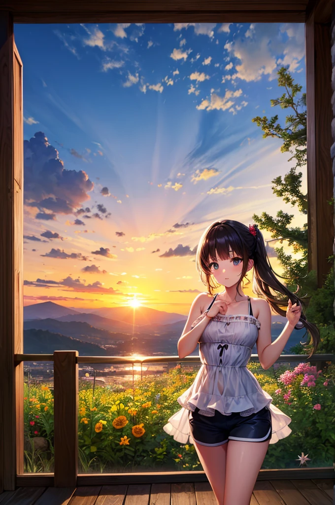 (masterpiece:1.2), (Highest quality:1.3), sunset, One girl, Are standing, Cowboy Shot, straw_Have, Swimwear, dress, Shorts, flower, Starfish, 