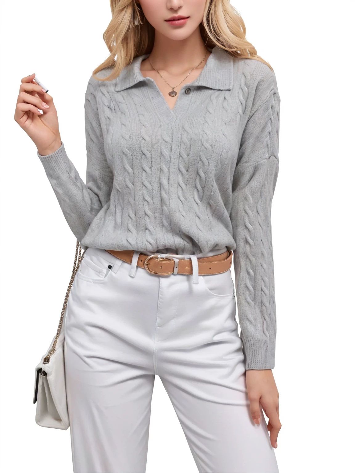a woman in a grey衬衫 and white pants holding a cigarette, Collared shirt, grey的 sweater, grey的, light grey的, Beautiful images, Long sleeve, Wearing a casual sweater, grey衬衫, Official product images, Half Image, detailed picture, Available images, full image, Thumbnail, grey, Loose tops, Casual Clothing, There are two front pockets