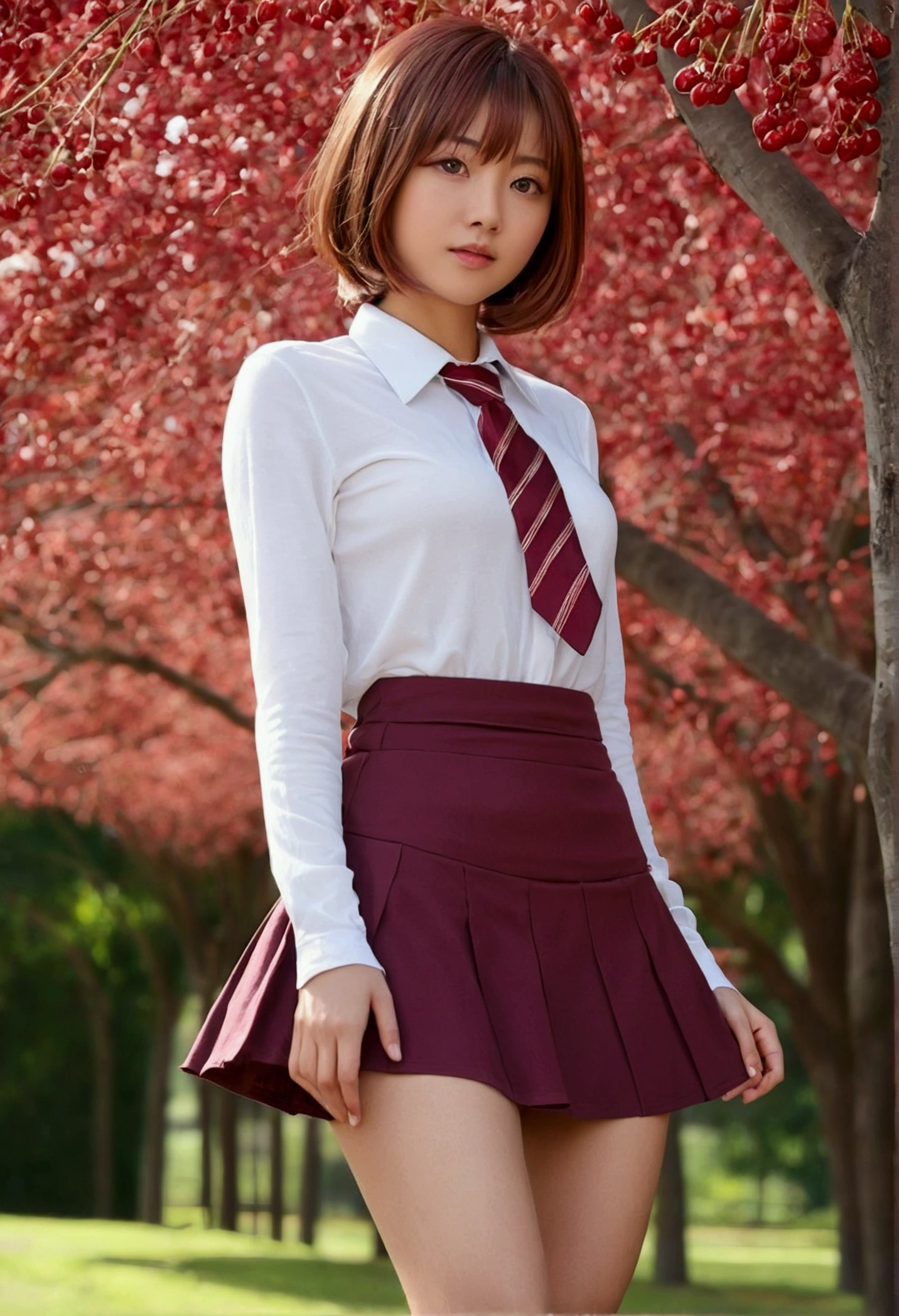 Masterpiece, Best Quality,4 girl,young girl, plum_pie eyes, Brown, choppy bob,jealous _face,shiny skin,medium breasts,nice line of legs:1.3, thin waist, Mini , tie,((mini skirt)),tawithes altos color rojo, Route_lined_with_flourishing_cherry_To flourish_trees,,looking at the viewer,from below,whole body, legsupsexms, Skinny body