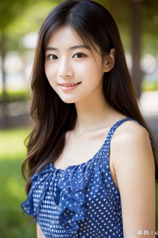 lens: 135mm f1.8, (Highest quality), (Beautiful 23 year old Japanese girl), (Moisturized lips), Narrow eyes, double eyelid, Delicate clavicle, Flat Chest , Embarrassed about my small, undeveloped breasts, smile, (Spotted sunlight: 1.2), Professional Lighting, (A navy blue sleeveless blouse shirt with frills on the chest), (Sunburned skin: 0.2), Full body photo, Full Body Focus, Beautifully upright、A neat and tidy honor student