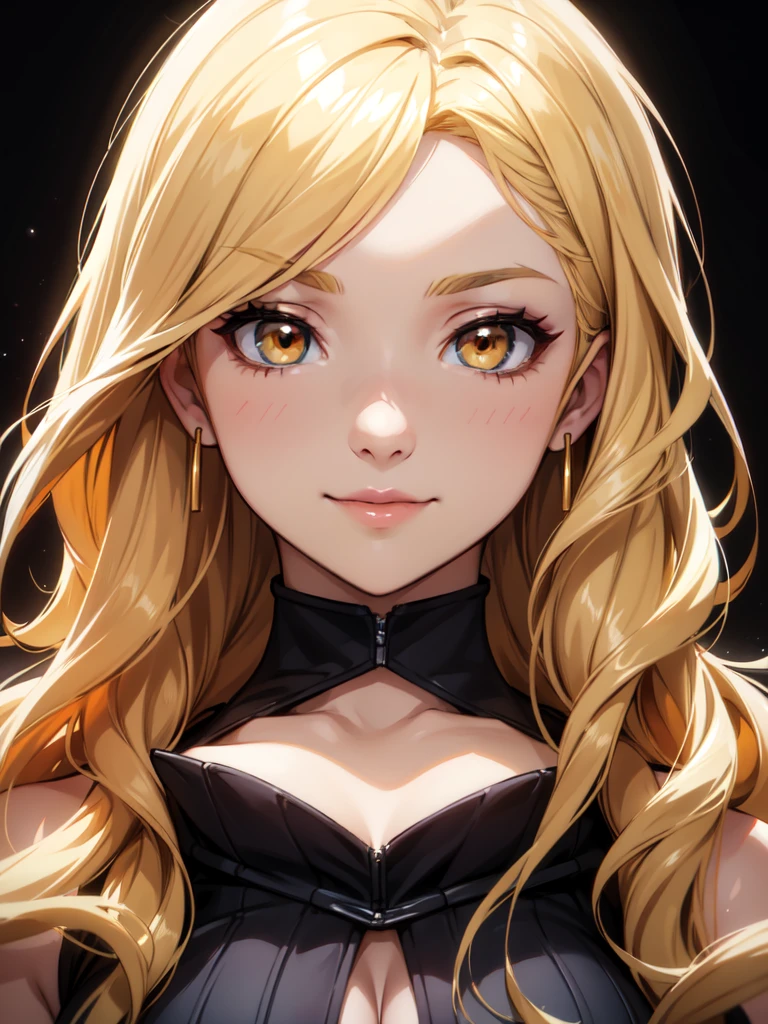 (((Portrait Photo))), She has a Cheerful, Radiant 18-Year-Old Appearance, with a Well-Proportioned, Curvy Build and a Warm, Inviting Demeanor. She has Short, Wavy Blonde Hair that Frames Her Face, with a Side-Swept Fringe. Her Bright Golden Eyes Express an Enthusiastic Look, Giving Off a Vibrant and Positive Attitude. She Wears a Black, Form-Fitting Top with a Deep V-Cut, Revealing Her Bubble Breasts. (((High Quality, Dark Background))), (((Portrait Photo)))