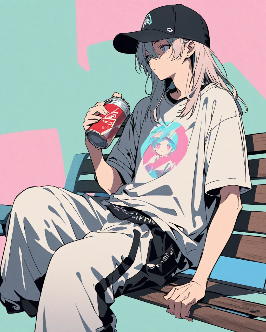 Create a detailed anime illustration of a boy with long, hair and a casual streetwear outfit, including a baseball cap, baggy pants, and a graphic t-shirt. He is seated on a bench, holding a drink can, with a serene expression. Use a two-tone pastel background to highlight the modern and minimalist setting.