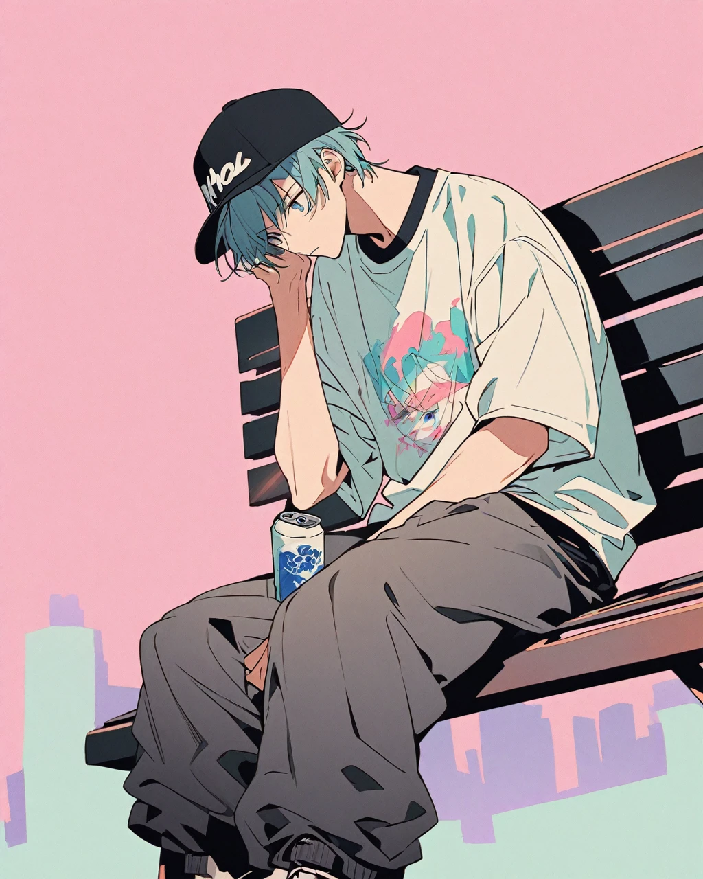 Create a detailed anime illustration of a boy with long, hair and a casual streetwear outfit, including a baseball cap, baggy pants, and a graphic t-shirt. He is seated on a bench, holding a drink can, with a serene expression. Use a two-tone pastel background to highlight the modern and minimalist setting.