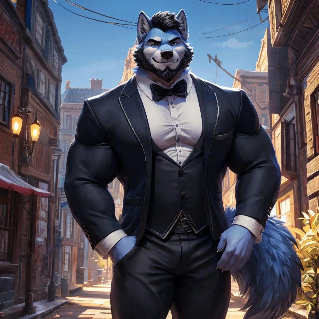 ((best quality)), ((masterpiece)), (Ultra detailed), ((4k)) , Solo , Anthro Wolf , Light Blue Fur , Black Short Hair , Beard , Handsone , Middle Ages , Muscle Big Pecs , Headphone , Tuxedo , Black Jean , Smirk , Stand Alone ,