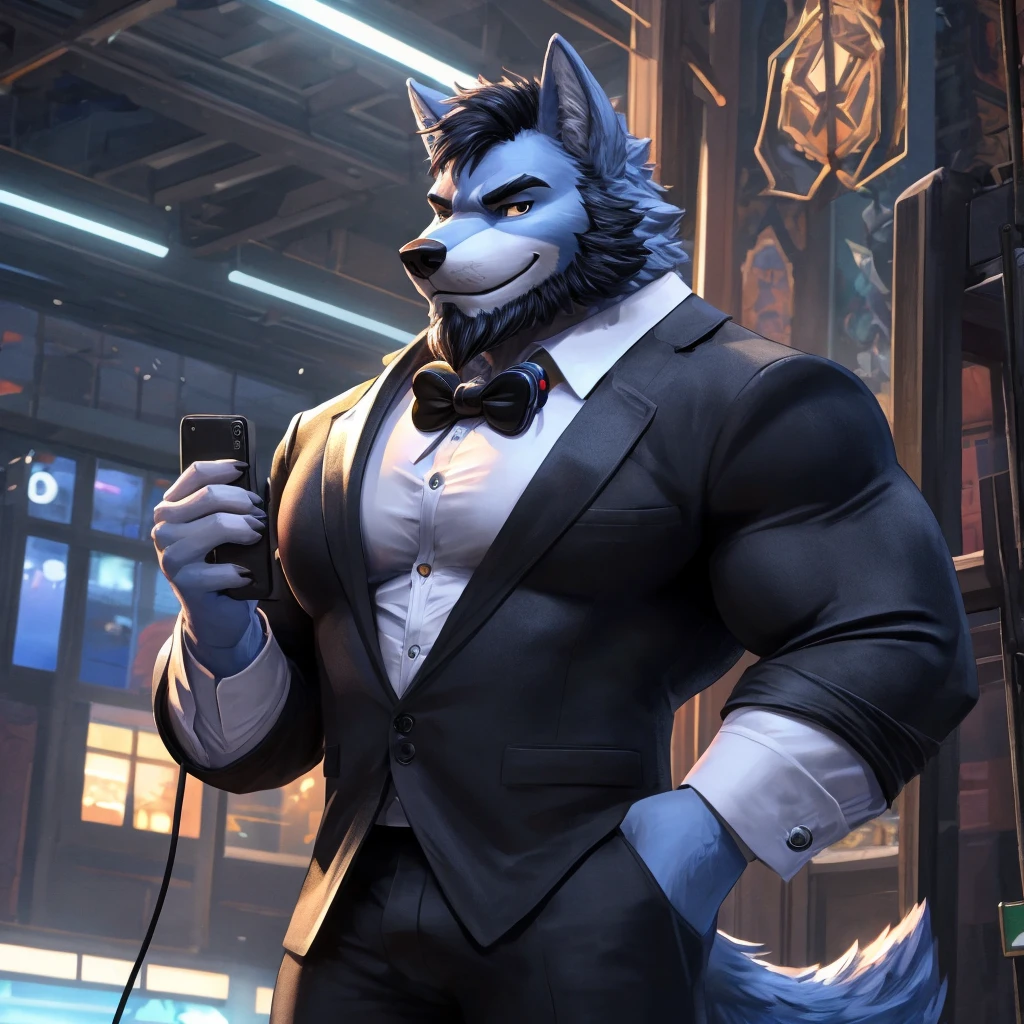 ((best quality)), ((masterpiece)), (Ultra detailed), ((4k)) , Solo , Anthro Wolf , Light Blue Fur , Black Short Hair , Beard , Handsone , Middle Ages , Muscle Big Pecs , Headphone , Tuxedo , Black Jean , Smirk , Stand Alone ,