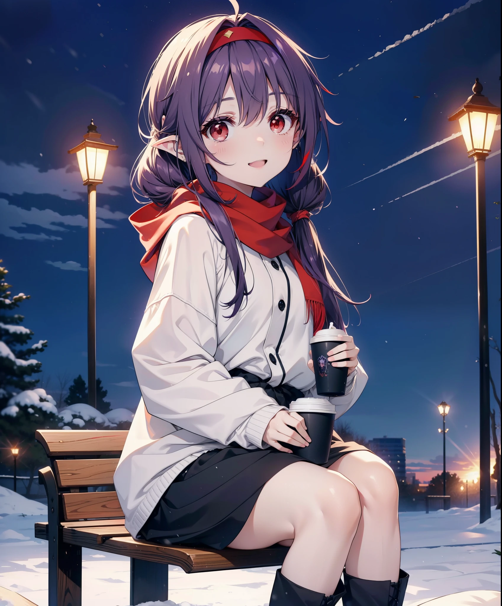 yuukikonno, Konno Yuuki, Long Hair, Pointed Ears, Purple Hair, (Red eyes:1.5), (Small breasts:1.2), Open your mouth,happy smile, smile, Open your mouth,hair band,low twin tail,Red Scarf,Oversized purple hoodie,Long skirt,Black pantyhose,short boots,Holding a paper cup of coffee in both hands,Sitting on a bench,snowが降っている,snowが降り積もっている,snow,snow,snow,snow,snowが積もった木,winter,Cold Sky,night,whole bodyがイラストに入るように,
break looking at viewer,  whole body,
break outdoors, garden,
break (masterpiece:1.2), Highest quality, High resolution, unity 8k wallpaper, (figure:0.8), (Beautiful attention to detail:1.6), Highly detailed face, Perfect lighting, Highly detailed CG, (Perfect hands, Perfect Anatomy),