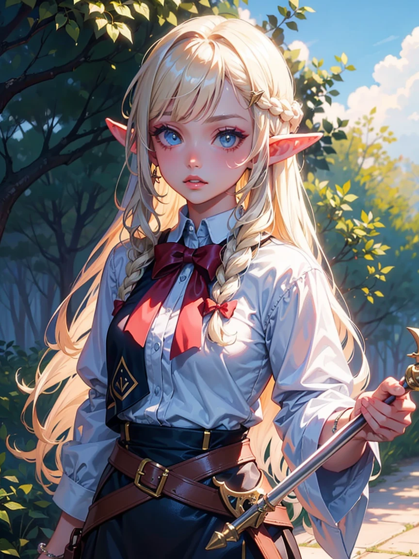 platinum blonde hair, 1girl, long hair, pointy ears, elf, huntress outfit, longbow, bow \(weapon\), nature, makeup, long eyelashes,
masterpiece, best quality, intricate detail, sketch, outline, anime screencap,