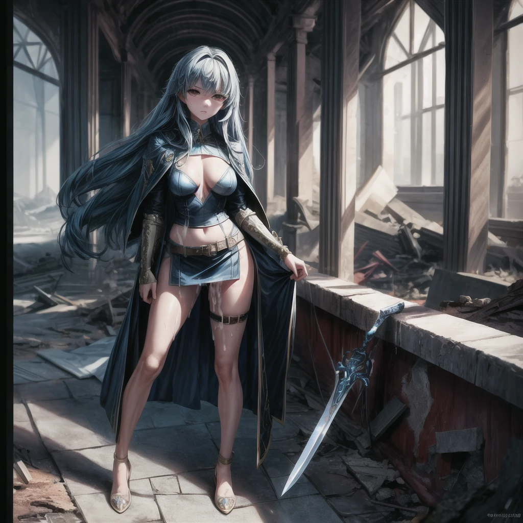 ( high quality , Very detailed, masterpiece:1.2),One Woman,Blue Hair,Long Hair,Swordsman,at last,Revealing clothing,Waist belt,Without skirt,No cape,No underwear,High heels,Serious face,Inside the ruins,Semen overflowing from the vagina,
