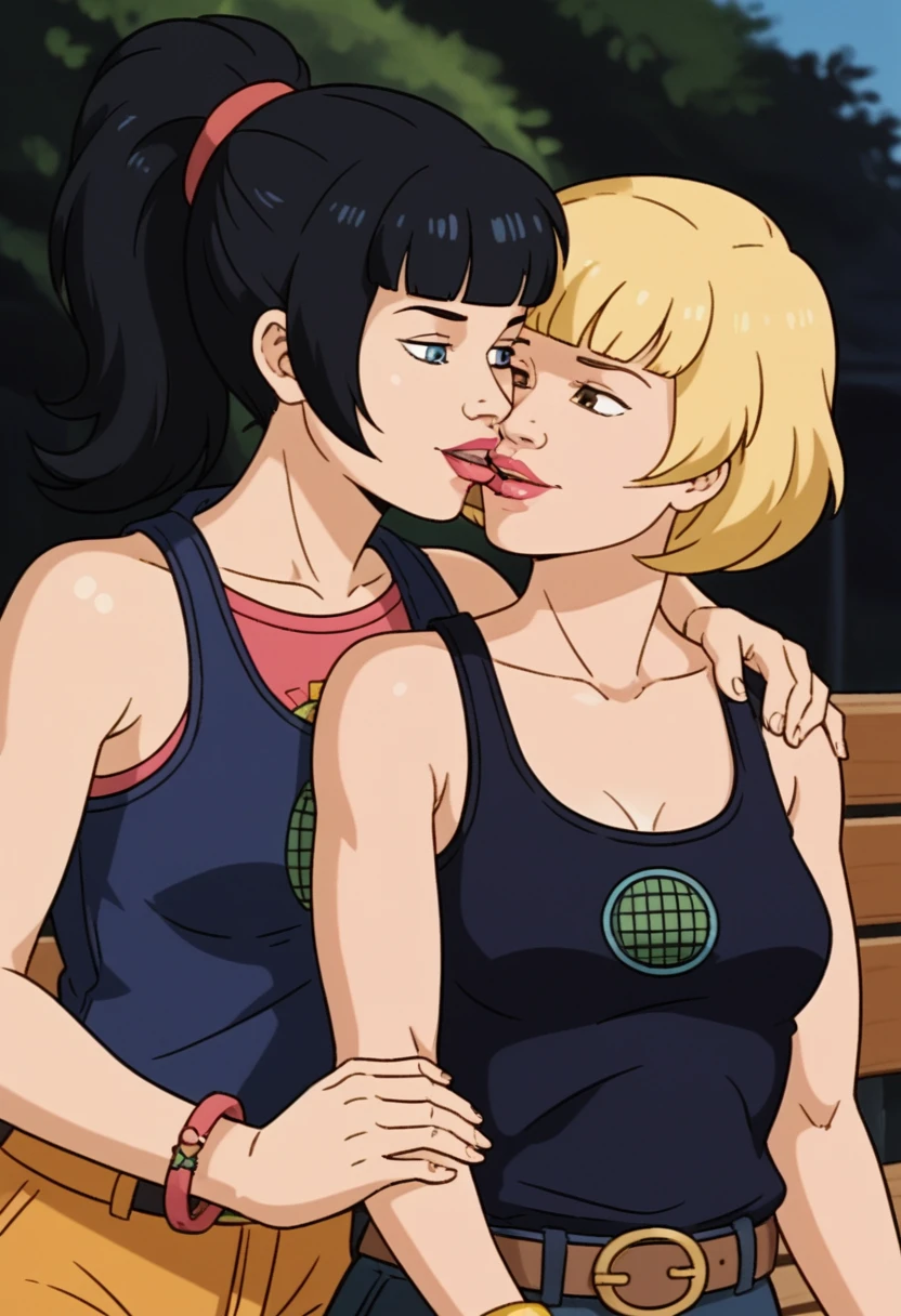 score_9, score_8, score_7, score_8_up, score_7_up, score_6_up, 2girls, (((xgix,black hair,bob cut,blunt bangs,brown eyes,lipstick,bracelet, tank top, belt, small breasts))), (((xlinkax, blonde hair, ponytail, blue eyes, medium breasts, tank top))),   standing, by wooden bench, light smile, front view , sunshine, hugging,upper body, portrait, kissing, girls holding hands, french kiss, 