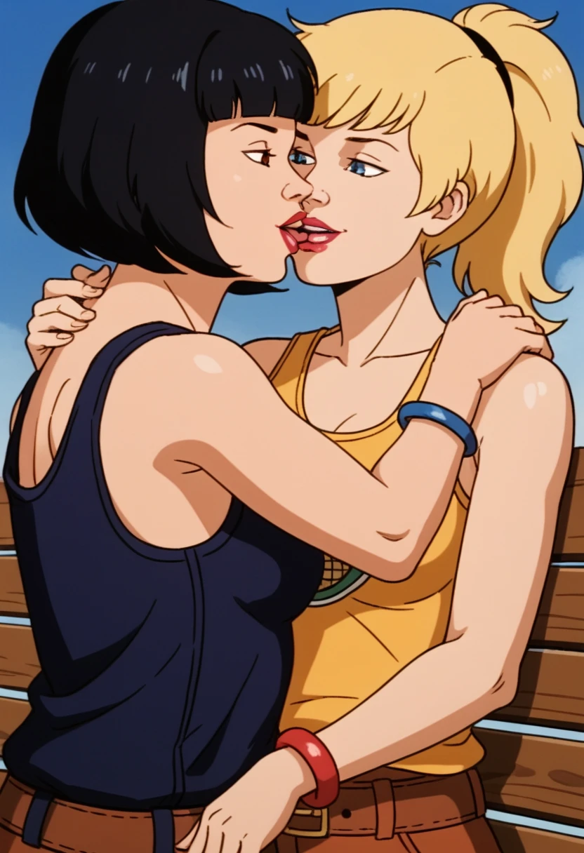 score_9, score_8, score_7, score_8_up, score_7_up, score_6_up, 2girls, (((xgix,black hair,bob cut,blunt bangs,brown eyes,lipstick,bracelet, tank top, belt, small breasts))), (((xlinkax, blonde hair, ponytail, blue eyes, medium breasts, tank top))),   standing, by wooden bench, light smile, front view , sunshine, hugging,upper body, portrait, kissing, girls holding hands, french kiss, 