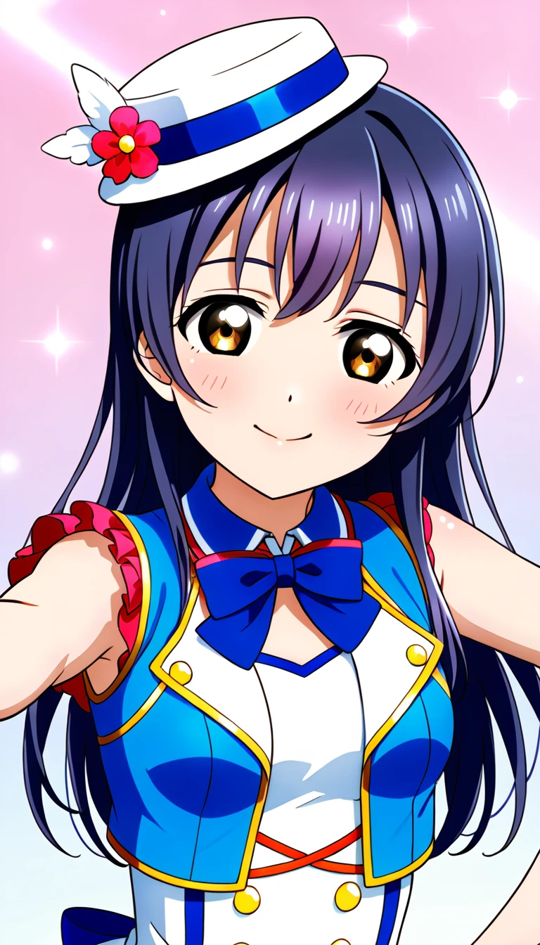 1girl, Umi Sonoda, upper body, idol costume, smile, id_umi_sonoda,Pointing at the viewer,8k