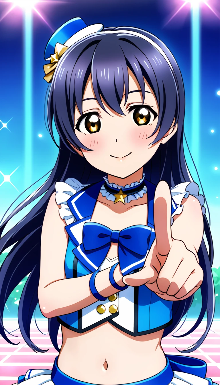 1girl, Umi Sonoda, upper body, idol costume, smile, id_umi_sonoda,Pointing at the viewer,8k