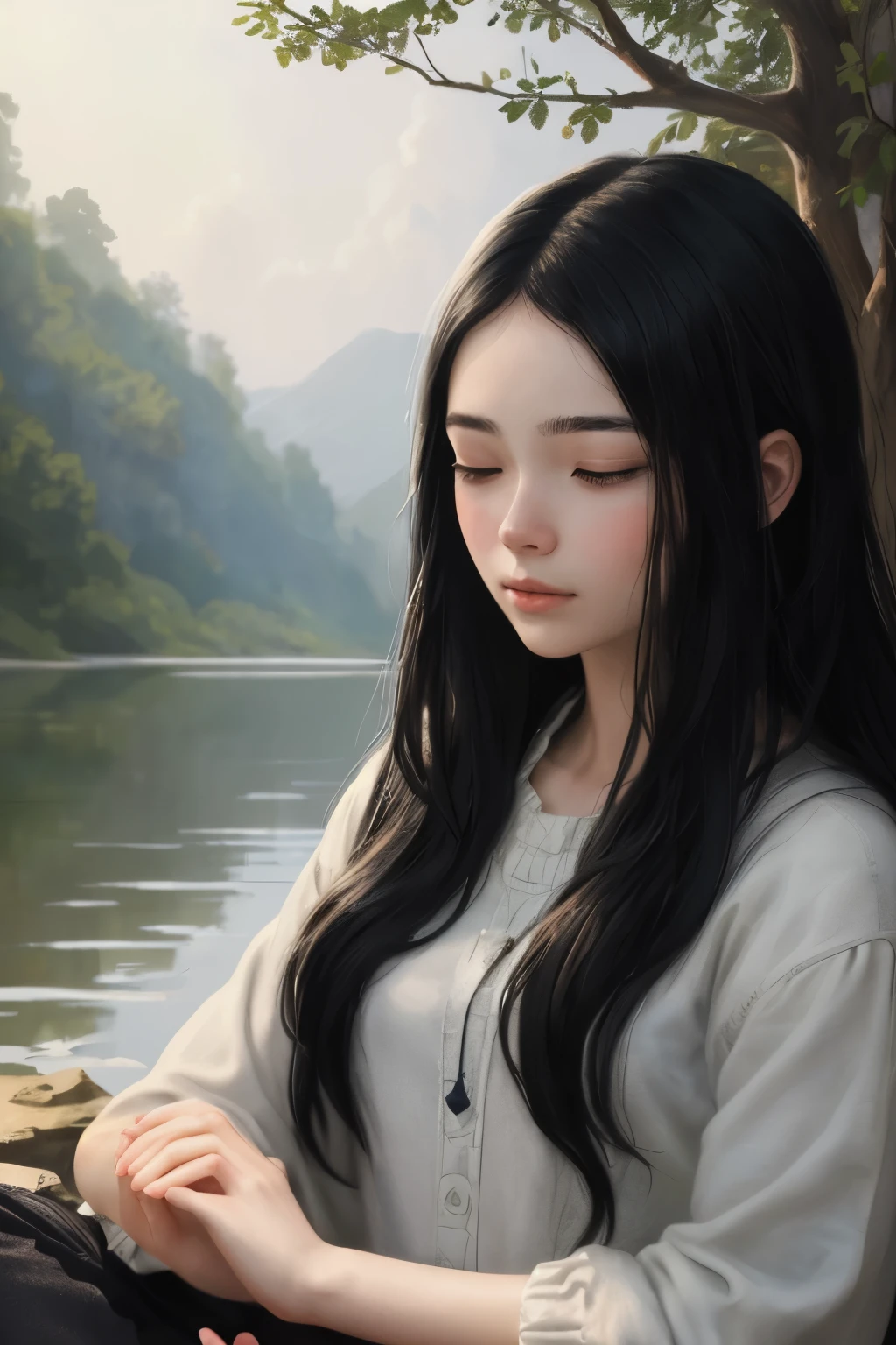 ((best quality)), ((masterpiece)), (detailed), A digital illustration of a young woman meditating with long black hair and a serene expression on her face.