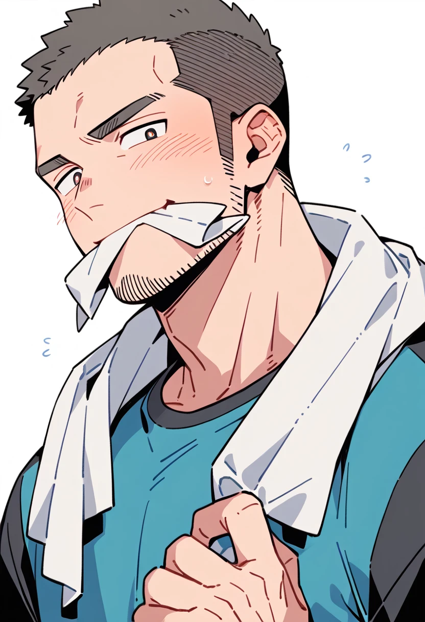 anime characters:Priapus, Muscle Sports Student, Buzz Cut, Manliness, male focus, Sports tight hooded sweatshirt, Very tight, full and perky chest muscles, muscular male, muscular, only, Upper body, alone, Black short hair, Thick eyebrows, stubble, Brown-red pupils, White background, simple background, amazing quality, best aesthetics, Ridiculous, crew cut, blush, mouth hold, Mouth biting a white towel, embarrassed, shy, endured face, negative space, best quality