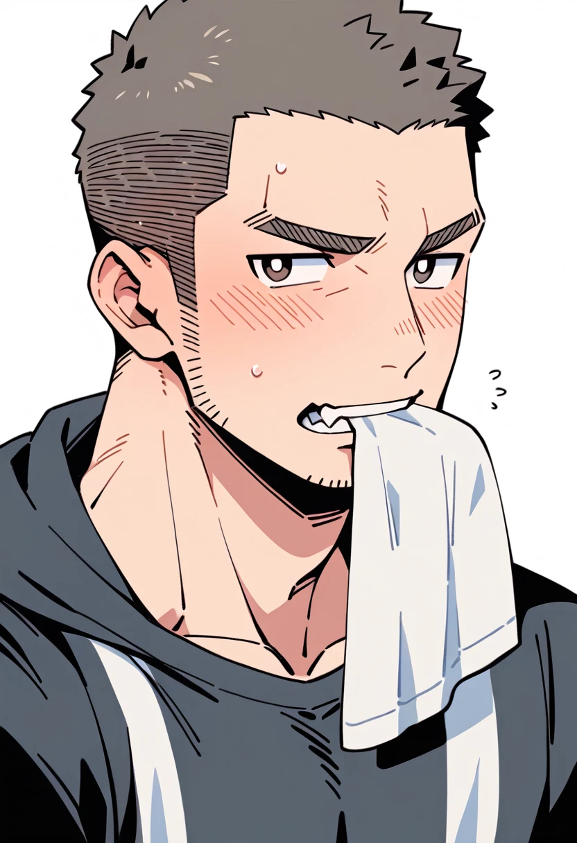 anime characters:Priapus, Muscle Sports Student, Buzz Cut, Manliness, male focus, Sports tight hooded sweatshirt, Very tight, full and perky chest muscles, muscular male, muscular, only, Upper body, alone, Black short hair, Thick eyebrows, stubble, Brown-red pupils, White background, simple background, amazing quality, best aesthetics, Ridiculous, crew cut, blush, mouth hold, Mouth biting a white towel, embarrassed, shy, endured face, negative space, best quality