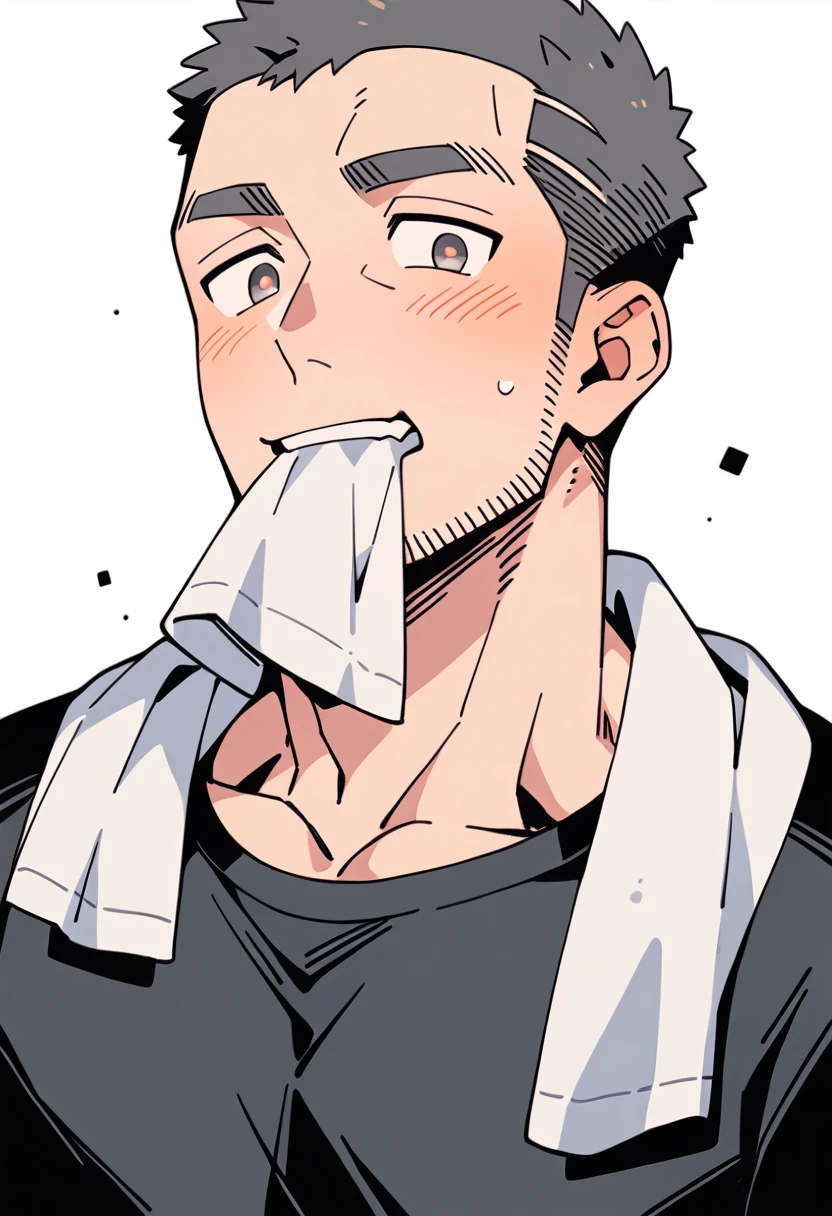 anime characters:Priapus, Muscle Sports Student, Buzz Cut, Manliness, male focus, Sports tight hooded sweatshirt, Very tight, full and perky chest muscles, muscular male, muscular, only, Upper body, alone, Black short hair, Thick eyebrows, stubble, Brown-red pupils, White background, simple background, amazing quality, best aesthetics, Ridiculous, crew cut, blush, mouth hold, Mouth biting a white towel, embarrassed, shy, endured face, negative space, best quality