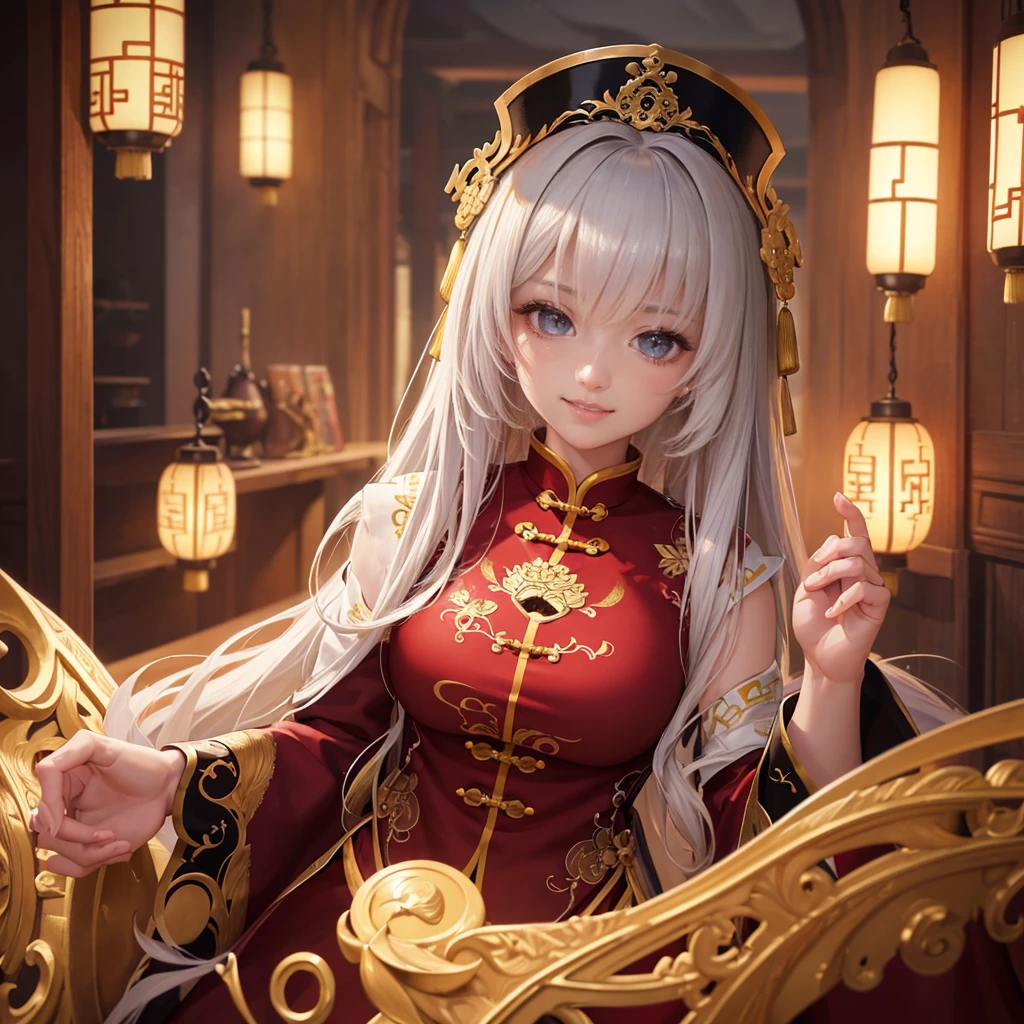 Highly detailed CG unit 8k wallpaper, masterpiece, High resolution, highest quality, highest quality real texture skin, Super Real, Digital Painting, Best image quality, 最High resolution, 8k, ((Highly detailed eyes and face)), 1girl, Beautiful eyes every detail, Full Body Shot, Chinese style embroidery, Cheongsam, ancient China, evil grin, evil smile,