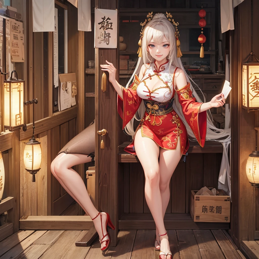 Highly detailed CG unit 8k wallpaper, masterpiece, High resolution, highest quality, highest quality real texture skin, Super Real, Digital Painting, Best image quality, 最High resolution, 8k, ((Highly detailed eyes and face)), 1girl, Beautiful eyes every detail, Full Body Shot, Chinese style embroidery, Cheongsam, ancient China, evil grin, evil smile,