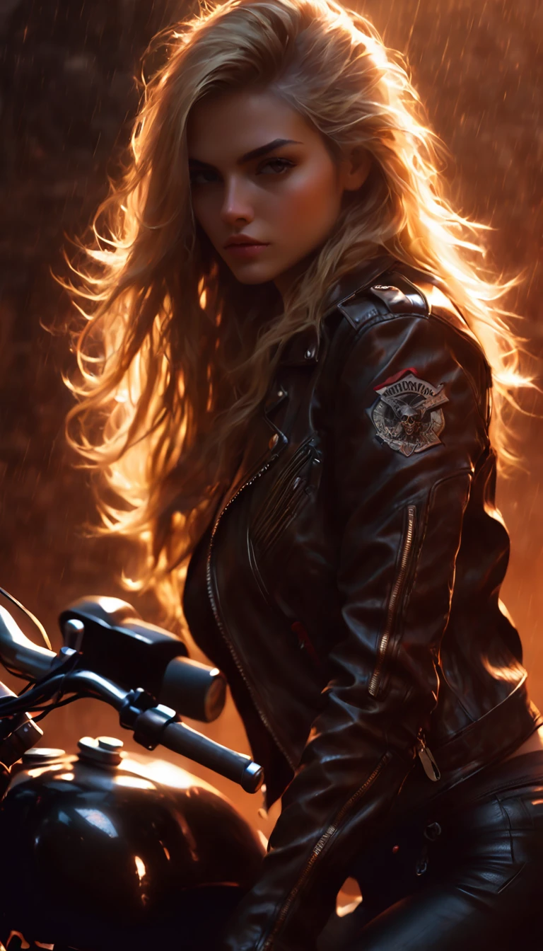 blonde girl with long hair, small breasts, biker, radical girl, sexy posing on a motorcycle, chiaroscuro, sensual, dramatic lighting, moody atmosphere, photorealistic, intricate details, masterpiece, ultra-detailed, high quality, 8k, best quality, realistic, cinematic, dark and brooding, expressionistic, powerful composition, emotional impact, Bill Sienkiewicz inspired art
