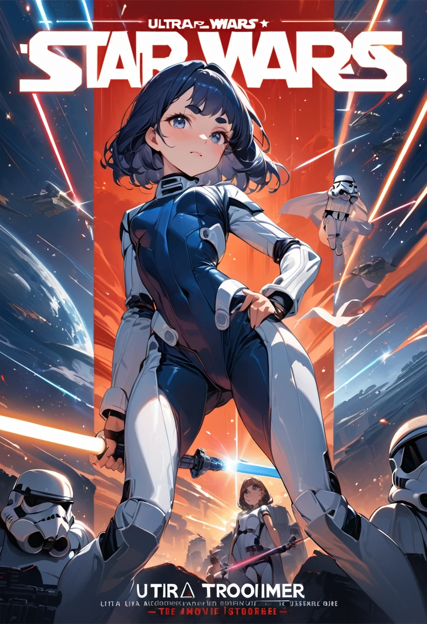 (masterpiece, best quality,ultra highres), (movie cover art of "star wars"),In the center of the poster, the new heroine holds her lightsaber in the air,(girl,16yo,(darkblue wavy-short hair),thick eyebrows,middle small breasts),(wearing stormtrooper suit),