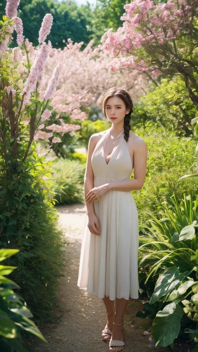 American Woman, 35 years old woman, look at viewer, French braid hair , flower Halter Dress, cleavage,  garden landscape design, (rim light)