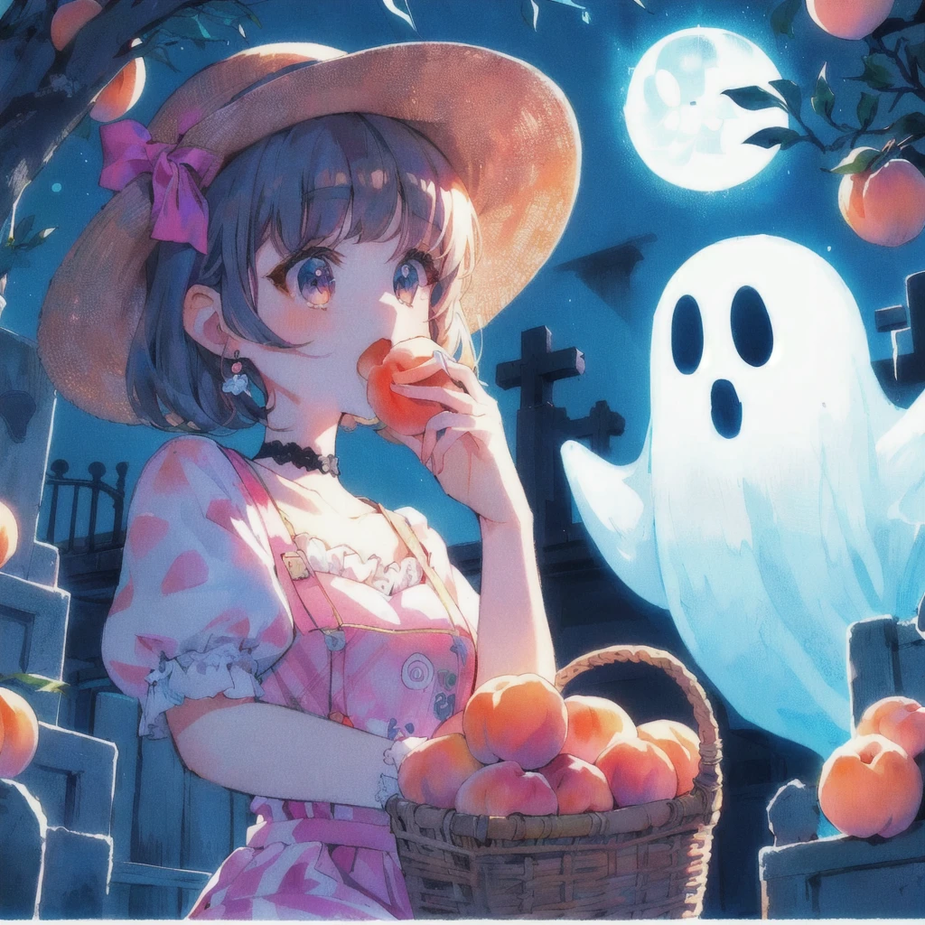 Anime girl sitting on a bench next to a ghost and eating a peach, Cute art style, Pale young ghost girl, Lo-fi Girl, Cute Anime girl, pretty girl, Splash art anime , 80s anime style,Anime Style 4k, High quality anime art style, Cute Anime, pretty girlのアニメビジュアル, Cute Anime style, Anime-style illustrations, Nightcore
