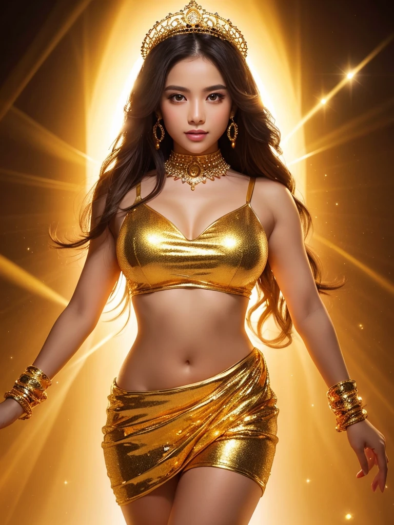 A stunning gold-clad goddess posing confidently in a dimly lit studio setting. The smooth, golden skin of her full-body outfit glistens under the soft glow of overhead lights. Her face, also gleaming with gold, shines like a treasure trove as she strikes a powerful pose. Her eyes, two gleaming nuggets of pure gold, seem to sparkle with an inner light, drawing the viewer's gaze.