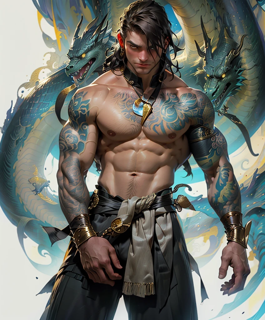 score_9, score_8_up, score_8,  (((Single character image.))) (((1boy))) (((Dressed in medieval fantasy attire.)))     (((This character is very sexy and dashing.)))(masterpiece, top quality, best quality, official art, beautiful and aesthetic:1.2), (1man), extreme detailed,(fractal art:1.3),colorful,highest detailed Rated R,  tattoos, hint of vibrant, bold huge text, matted design layout. ， musculine, Muscle body, Hairy chest and hairy body, loincloth，This is a darkly attractive male fantasy character who seems like a villain.   hyperrealistic art nouveau, chie yoshii, andrey remnev, by Yamagata Hiro, mucha klimt and tom bagshaw, inspired by J. C. Leyendecker, inspired by J.C. Leyendecker, inspired by James C. Christensen