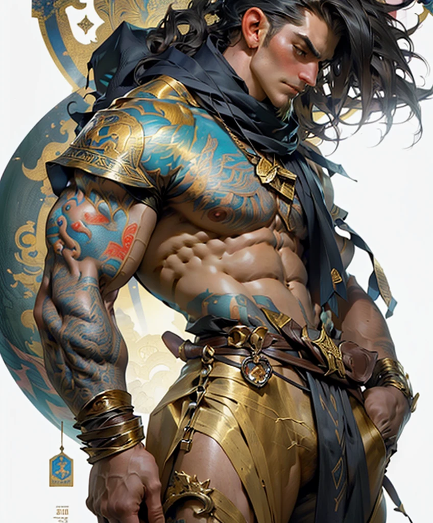 score_9, score_8_up, score_8, (((Single character image.))) (((1boy))) (((Dressed in medieval fantasy attire.))) (((This character is very sexy and dashing.)))(masterpiece, top quality, best quality, official art, beautiful and aesthetic:1.2), (1man), extreme detailed,(fractal art:1.3),colorful,highest detailed Rated R, tattoos, hint of vibrant, bold huge text, matted design layout. , musculine, Muscle body, Hairy chest and hairy body, loincloth,This is a darkly attractive male fantasy character who seems like a villain. hyperrealistic art nouveau, chie yoshii, andrey remnev, by Yamagata Hiro, mucha klimt and tom bagshaw, inspired by J. C. Leyendecker, inspired by J.C. Leyendecker, inspired by James C. Christensen