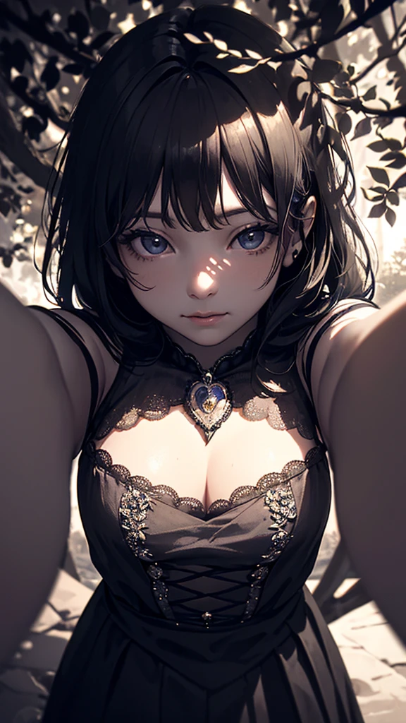 ((masterpiece))、((Highest quality))、((Realistic feel))、((First Person View:1.6))、Pitch Black、Deep in the forest、Moonlight shines、Immersion、Cool blue shade、1People Girls、Delicate princess dresses、Silver、Shine、Detailed decoration、The sky is high、Dim and dim、High Contrast、Super beautiful