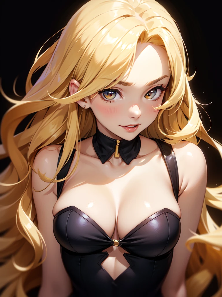 (((Portrait Photo))), She has a Cheerful, Radiant 18-Year-Old Appearance, with a Well-Proportioned, Curvy Build and a Warm, Inviting Demeanor. She has Short, Wavy Blonde Hair that Frames Her Face, with a Side-Swept Fringe. Her Bright Golden Eyes Express an Enthusiastic Look, Giving Off a Vibrant and Positive Attitude. She Wears a Black, Form-fitting Top with an Open Deep V-Cut, Emphasizing Her Thick Breasts. (((High Quality, Dark Background))), (((Portrait Photo)))