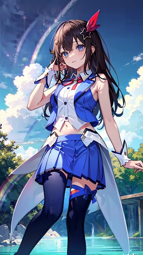 (Ultra-high resolution,masterpiece, Attention to detail, Highest quality), 8k,(ts1, white shirt, Blue vest, sleeveless, blue thighhighs, blue skirt, waist cape, wrist cuffs, leg ribbon, neck ribbon, midriff, breasts),(Blessed,Captivating body、Ultra-detailed skin、Super beautiful eyes、Detailed Background),One girl、 (enjoy :1.5),(blue clear sky, buzzer,outdoor:1.3),(rainbow:1.5)