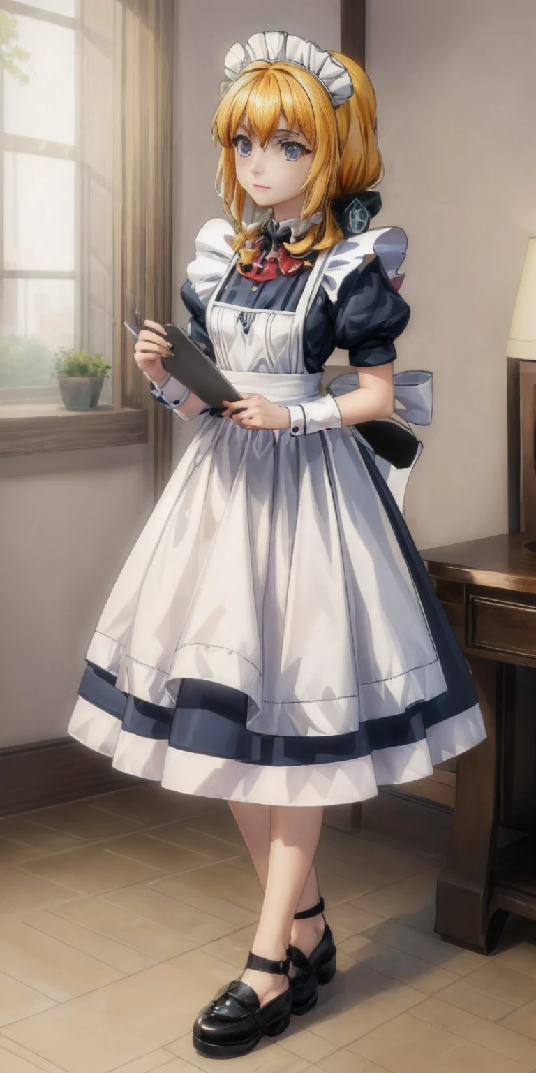 (masterpiece, top quality, best quality) pixel art, Roxanne Slave 1girl full body toe to head, maid dress