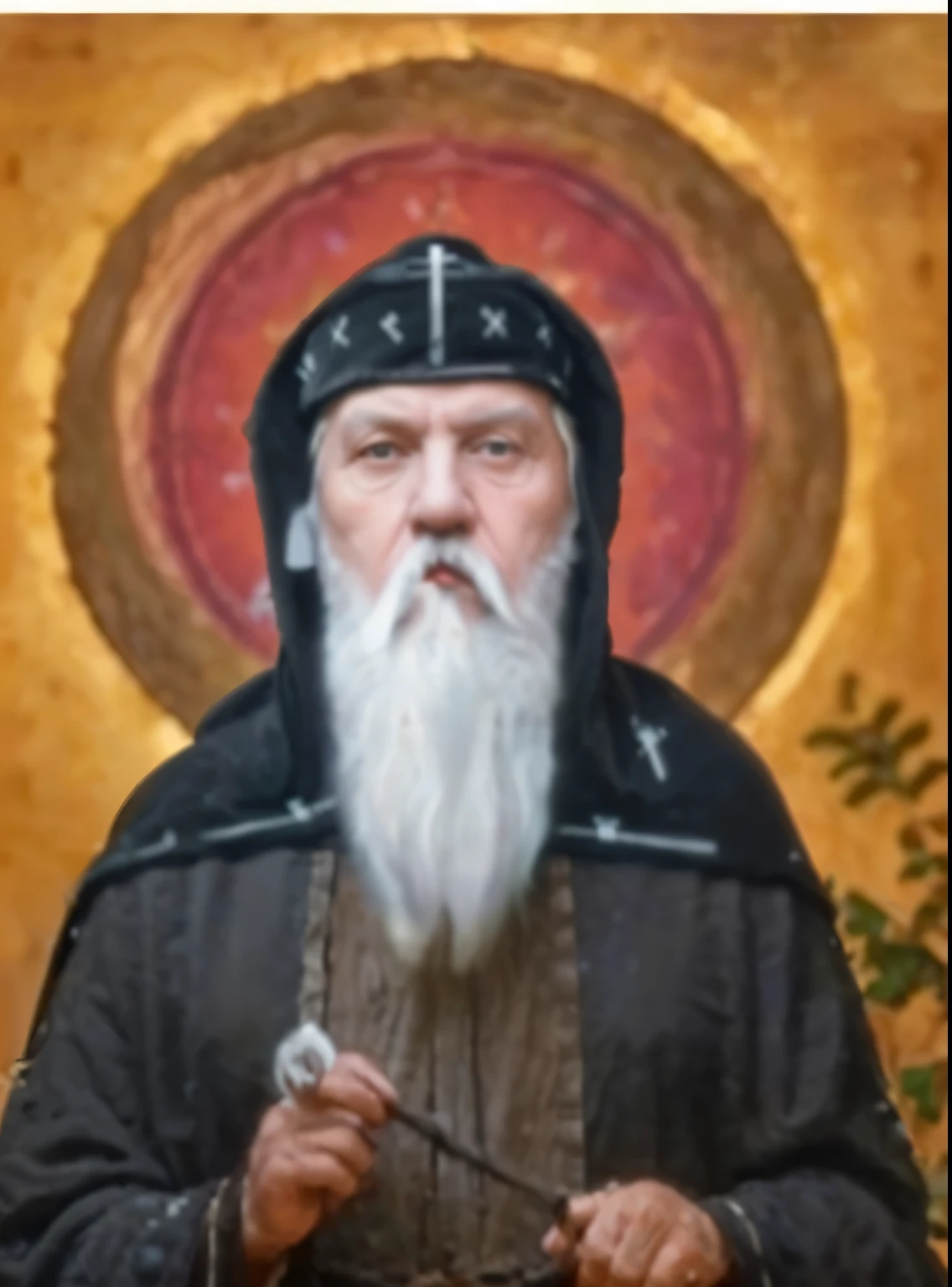 an old man with white beard , wears old roman clothes , wears a black robe on his head with crosses on it ,realistic