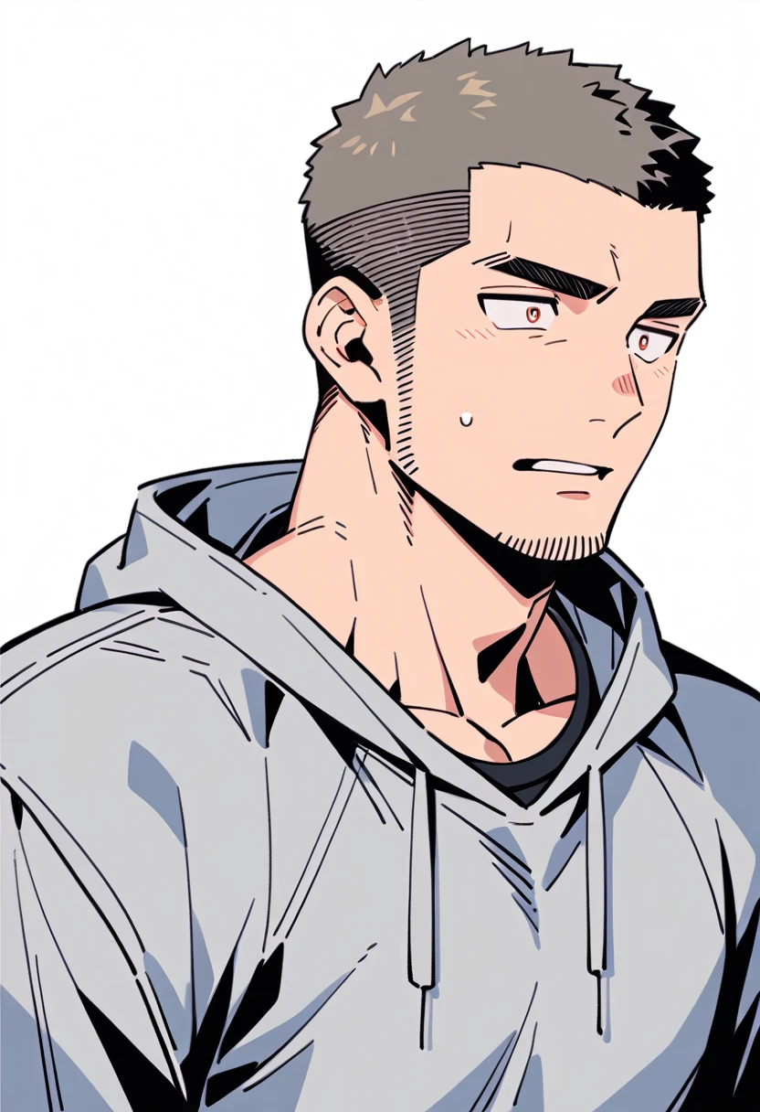 anime characters：Priapus, Muscle Sports Student, Buzz Cut, Manliness, male focus, Sports tight hooded sweatshirt, Very tight, full and perky chest muscles, muscular male, muscular, only, Upper body, alone, Black short hair, Thick eyebrows, stubble, Brown-red pupils, White background, simple background, amazing quality, best aesthetics, Ridiculous, crew cut, parted lips, flustered, endured face, negative space, best quality