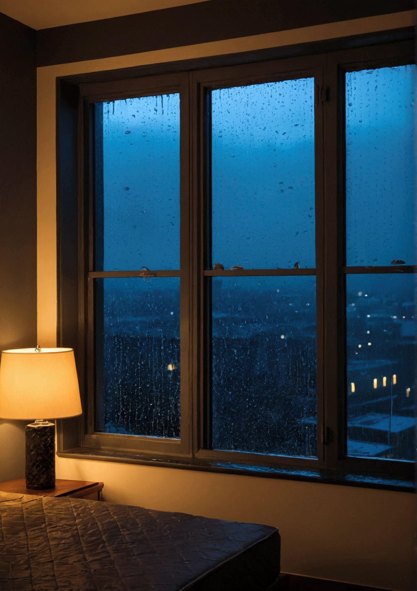 The night view of the room is rich in details, In the background, A window with raindrops, comfortable environment.