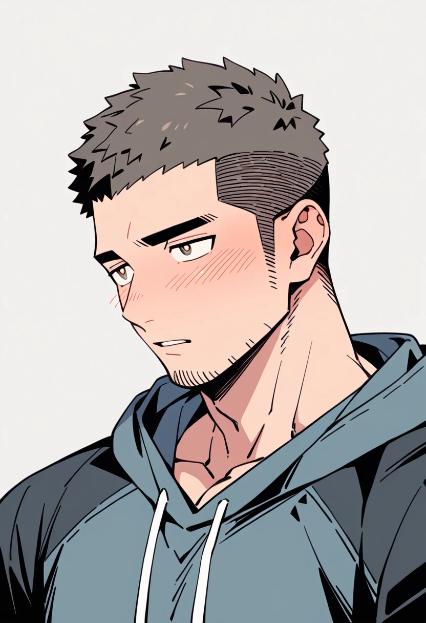 anime characters：Priapus, Muscle Sports Student, Buzz Cut, Manliness, male focus, Sports tight hooded sweatshirt, Very tight, full and perky chest muscles, muscular male, muscular, only, Upper body, alone, Black short hair, Thick eyebrows, stubble, Brown-red pupils, White background, simple background, amazing quality, best aesthetics, Ridiculous, crew cut, parted lips, flustered, endured face, shy, blush, negative space, best quality