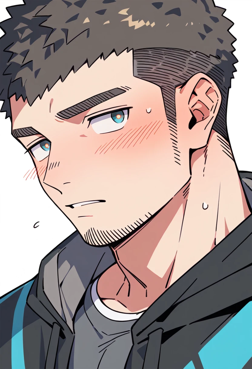 anime characters：Priapus, Muscle Sports Student, Buzz Cut, Manliness, male focus, Sports tight hooded sweatshirt, Very tight, full and perky  muscles, muscular male, muscular, only, Upper body, alone, Black short hair, Thick eyebrows, stubble, Brown-red pupils, White background, simple background, amazing quality, best aesthetics, Ridiculous, crew cut, parted lips, flustered, endured face, shy, blush, negative space, best quality