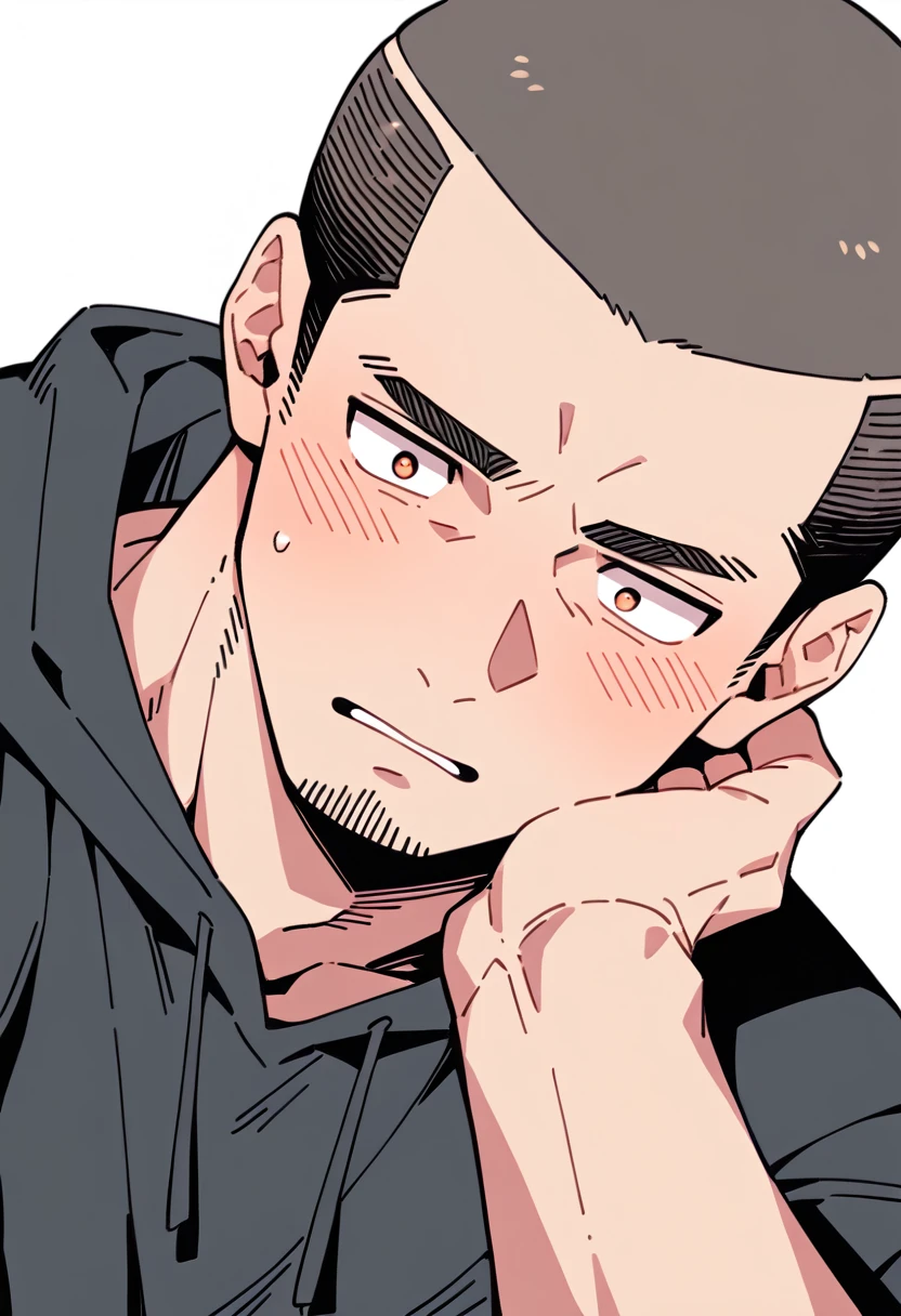 anime characters:Priapus, Muscle Sports Student, Buzz Cut, Manliness, male focus, Sports tight hooded sweatshirt, Very tight, full and perky chest muscles, muscular male, muscular, only, Upper body, alone, Black short hair, Thick eyebrows, stubble, Brown-red pupils, White background, simple background, amazing quality, best aesthetics, Ridiculous, crew cut, parted lips, flustered, endured face, shy, blush, negative space, best quality
