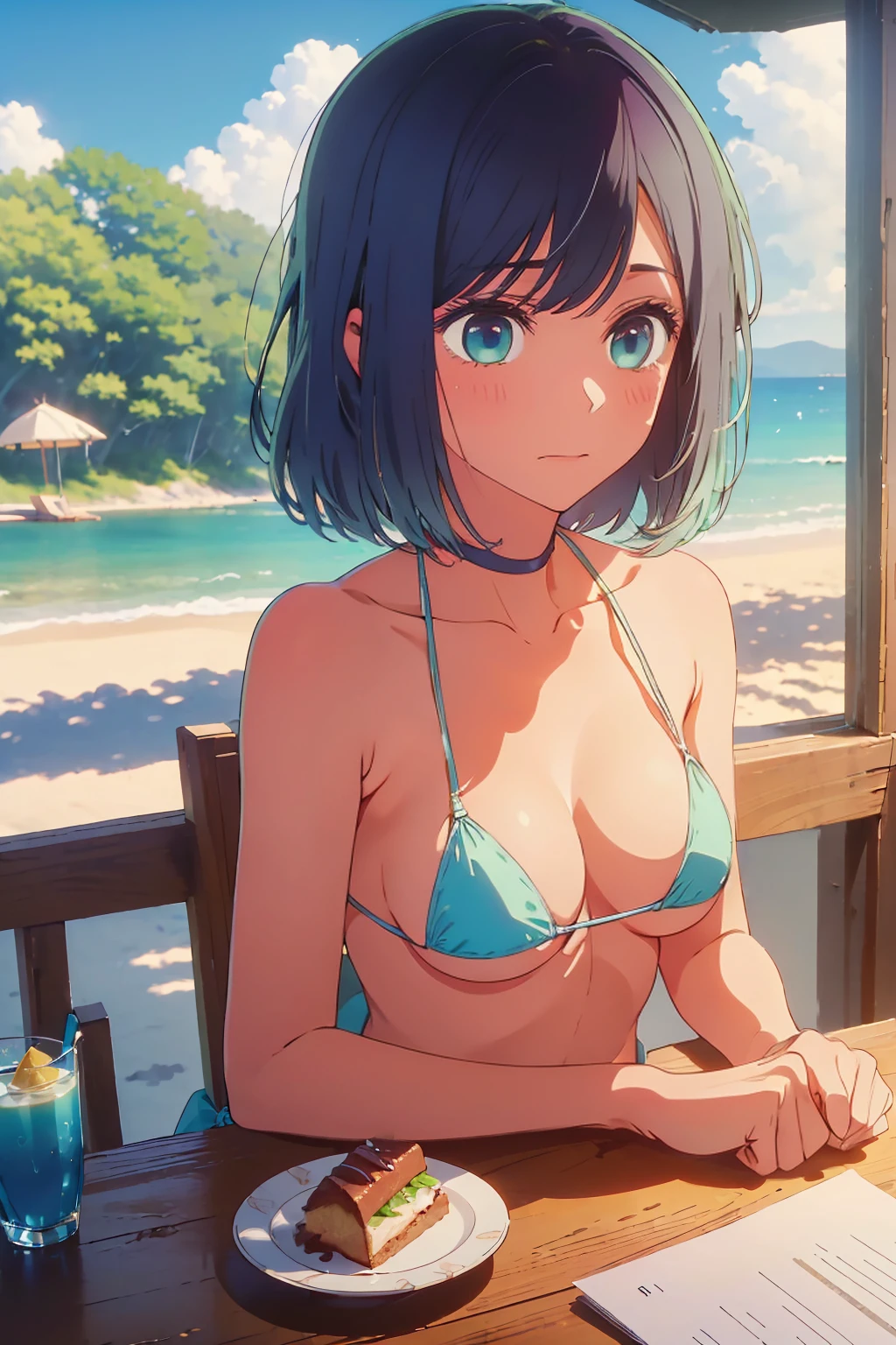 (Highest quality:1.4、masterpiece:1.4、Super detailed:1.4、8k:1.4)、((((1 person、Surprised expression、sit、Cafe Terrace、coastal、juice、table、Sandy Beach、juiceのグラスを持つ、Micro Bikini、Very soft 、Big eyes、Very cute face))))、(big Areolas protrude from micro bikini:1.4)、F cup bust、Medium breast、Underboob