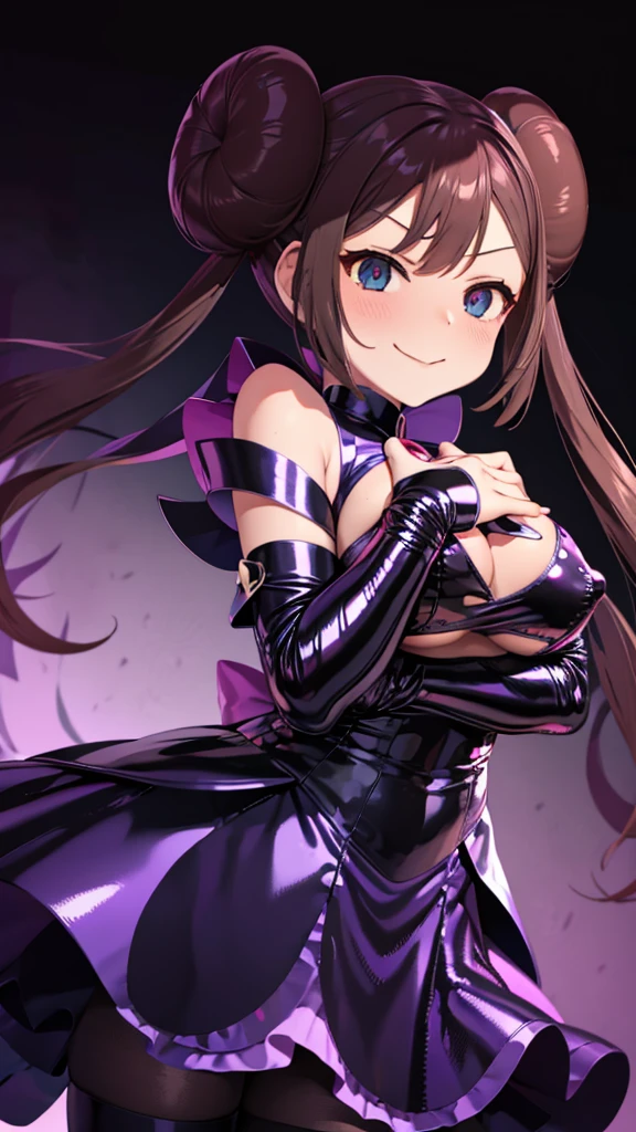 Erotic tall、Pokemon May「Rose」、Twin tails and bun hair、No sleeve、Shoulder、Big breasted mature wife Purple sequins rubber suit black background hearts bedroom dark theme evil temptation excitement wicked smile sexy pose upper body emphasis angle from below angel wings angel
