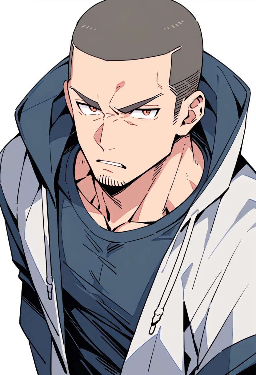 anime characters：Priapus, Muscle Sports Student, Buzz Cut, Manliness, male focus, Sports tight hooded sweatshirt, Very tight, full and perky chest muscles, muscular male, muscular, only, Upper body, alone, Black short hair, Thick eyebrows, stubble, Brown-red pupils, White background, simple background, amazing quality, best aesthetics, Ridiculous, crew cut, parted lips, frown, angry, v-shaped eyebrows, scowl, negative space, best quality