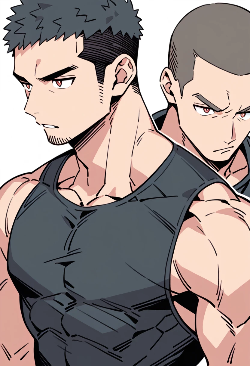 anime characters：Priapus, Muscle Sports Student, Buzz Cut, Manliness, male focus, Sports tight hooded sweatshirt, Very tight, full and perky  muscles, muscular male, muscular, only, Upper body, alone, Black short hair, Thick eyebrows, stubble, Brown-red pupils, White background, simple background, amazing quality, best aesthetics, Ridiculous, crew cut, parted lips, frown, angry, v-shaped eyebrows, scowl, negative space, best quality