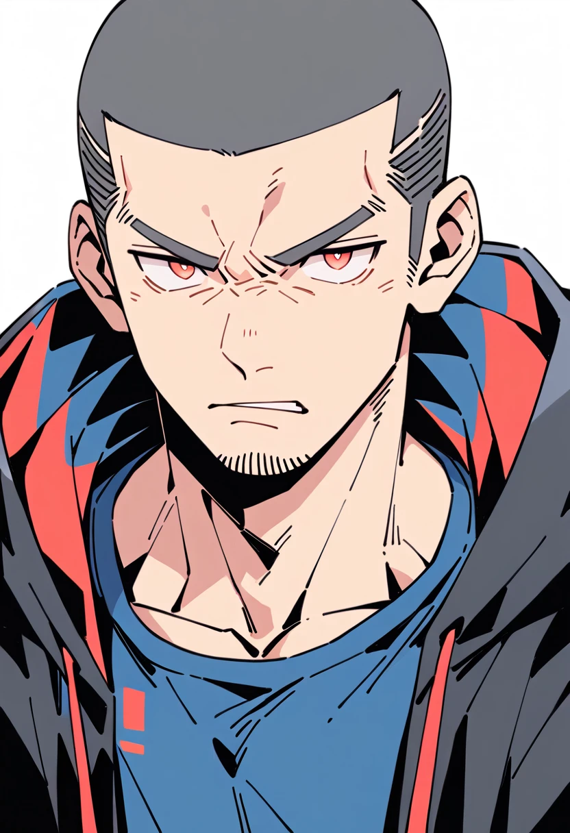 anime characters:Priapus, Muscle Sports Student, Buzz Cut, Manliness, male focus, Sports tight hooded sweatshirt, Very tight, full and perky chest muscles, muscular male, muscular, only, Upper body, alone, Black short hair, Thick eyebrows, stubble, Brown-red pupils, White background, simple background, amazing quality, best aesthetics, Ridiculous, crew cut, parted lips, frown, angry, v-shaped eyebrows, scowl, negative space, best quality