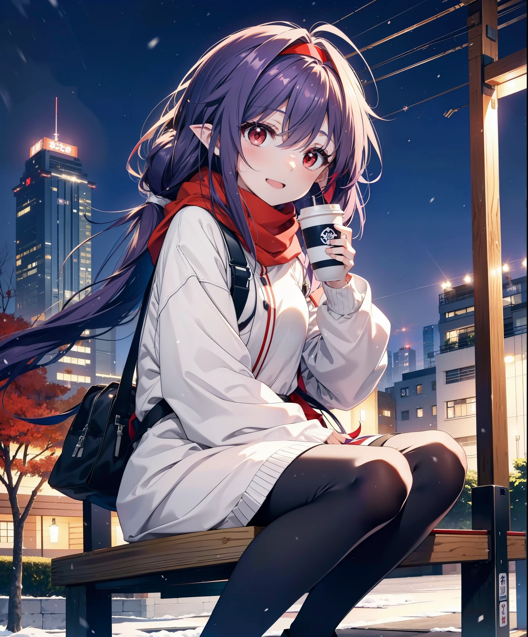 yuukikonno, Konno Yuuki, Long Hair, Pointed Ears, Purple Hair, (Red eyes:1.5), (Small breasts:1.2), Open your mouth,happy smile, smile, Open your mouth,hair band,low twin tail,Red Scarf,Oversized purple hoodie,Long skirt,Black pantyhose,short boots,Holding a paper cup of coffee in both hands,Sitting on a bench,snowが降っている,snowが降り積もっている,snow,snow,snow,snow,snowが積もった木,winter,Cold Sky,night,whole bodyがイラストに入るように,
break looking at viewer, whole body,
break outdoors, garden,
break (masterpiece:1.2), Highest quality, High resolution, unity 8k wallpaper, (figure:0.8), (Beautiful attention to detail:1.6), Highly detailed face, Perfect lighting, Highly detailed CG, (Perfect hands, Perfect Anatomy),
